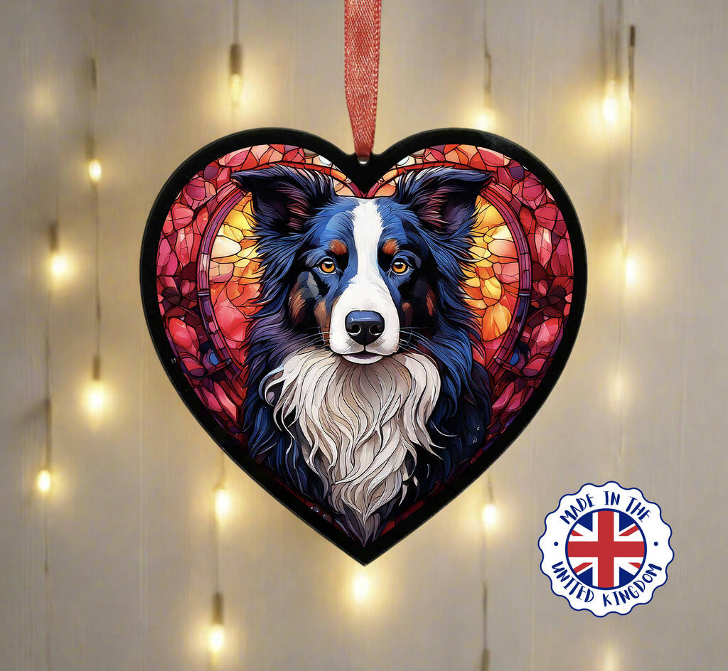Border Collie Stained Glass Effect Heart Suncatcher, 1 of 6