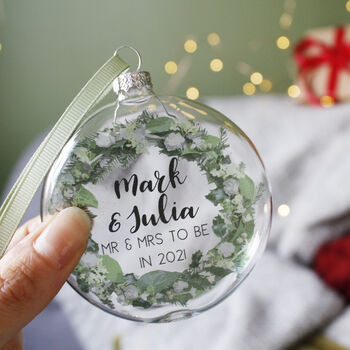 Mr And Mrs To Be Wreath Glass Christmas Bauble, 3 of 7