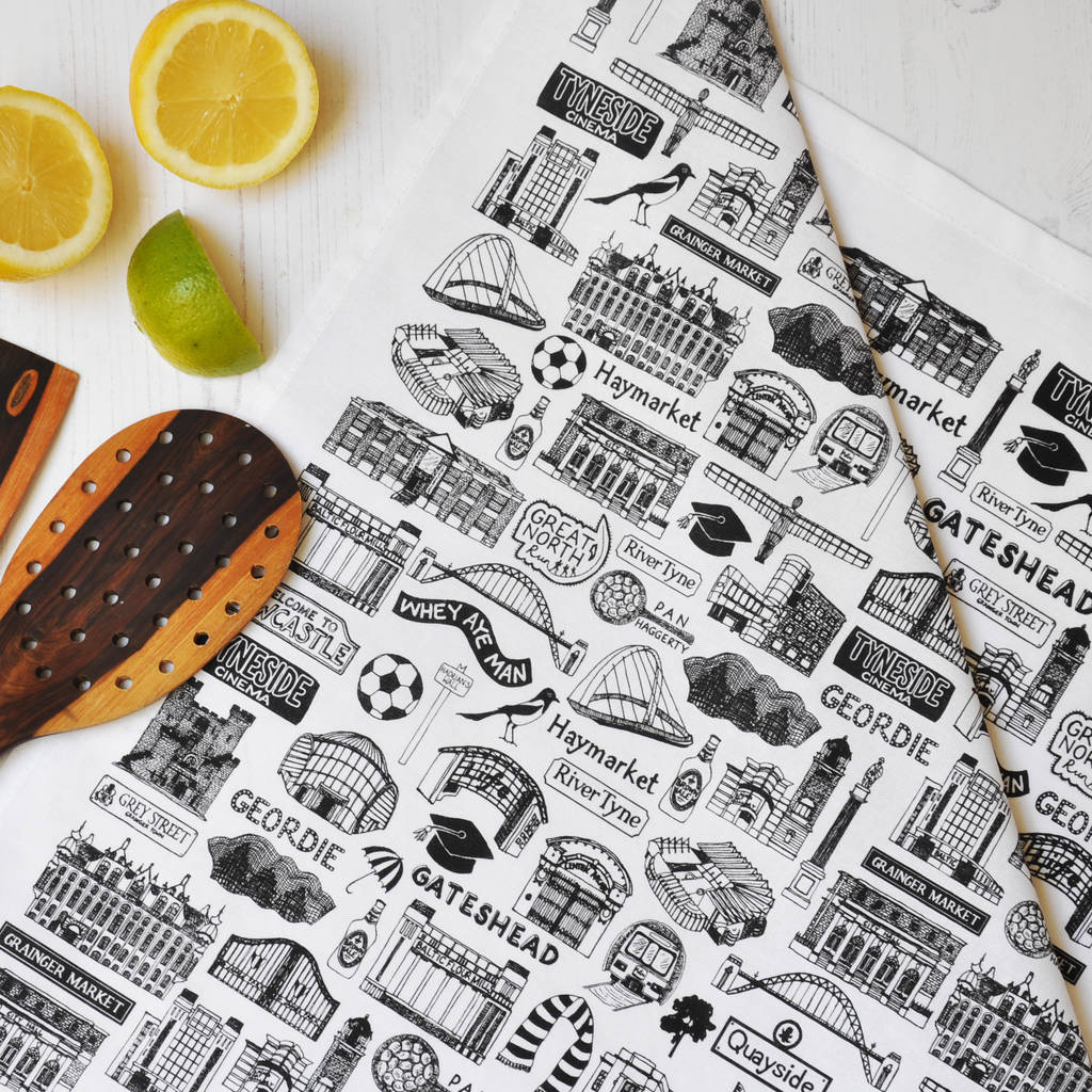 Newcastle Illustrated Black And White Tea Towel By Martha Mitchell