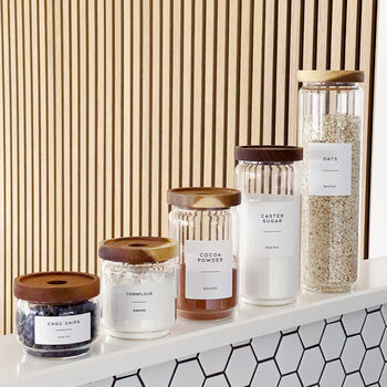 Slim Storage Jar With Acacia Wood Lid And Personalised Label, 2 of 9