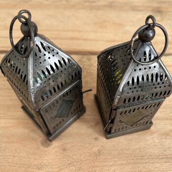 Silver Moroccan Style Lantern Green And Blue Glass, 4 of 11