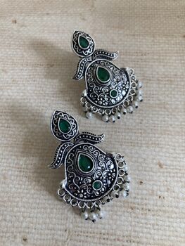 Emerald Green Stone Oxidised Indian Earrings, 5 of 6