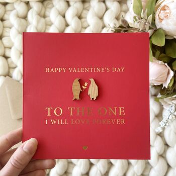 Red Wooden Penguin Valentines Day Gold Foiled Card, 4 of 5