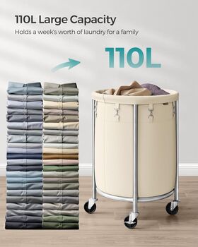Laundry Basket On Wheels Round 110 L Removable Bag, 3 of 12