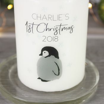 Personalised First Christmas Baby Penguin Pillar Candle, 6 of 9