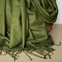 Super Soft Plain Pashmina Tassel Scarf In Army Green, thumbnail 3 of 4