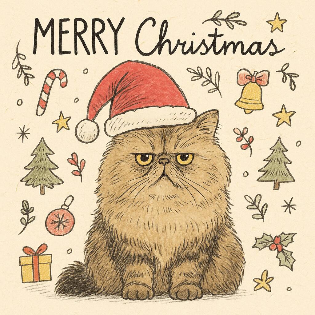 Funny Cat Handdrawn Style Christmas Cards – Pack Of 10 With Envelopes