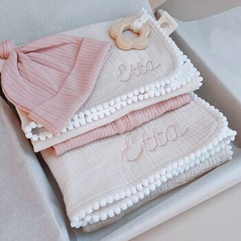 Personalised New Baby Gift Set, Handmade Newborn Blanket And Comforter With Wooden Teether, 4 of 8