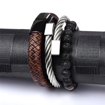 Triple Leather Bead And Steel Bracelet Combo Set, 3 of 5