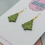 Small Light Green Glitter Christmas Tree Earrings, thumbnail 2 of 4
