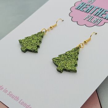 Small Light Green Glitter Christmas Tree Earrings, 2 of 4