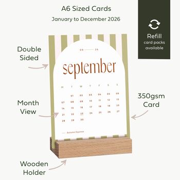 2026 Desk Calendar With Refillable Cards With Wood Stand, 3 of 10