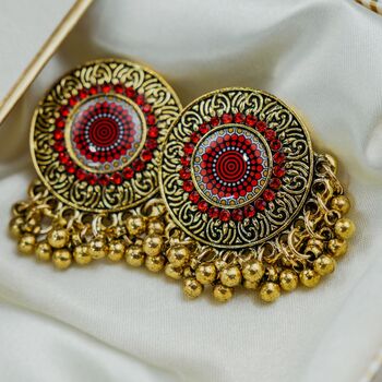Red Round Disc Mandala Button Stud Earring, 3 of 3