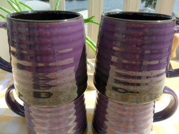 Set Of Four Reactive Glaze Brûlée Mugs In Black And Deep Purple, 4 of 8