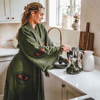 Long Organic Cotton Robe: Khaki Green Eye, 3 of 6