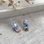 Blue And Gold Floral Ceramic Bar Stud Earrings, Minimalist Rectangular Studs, thumbnail 5 of 10