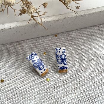 Blue And Gold Floral Ceramic Bar Stud Earrings, Minimalist Rectangular Studs, 5 of 10