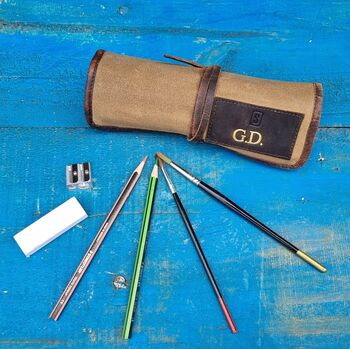 Personalised Canvas And Leather Brush And Pencil Roll, 4 of 11