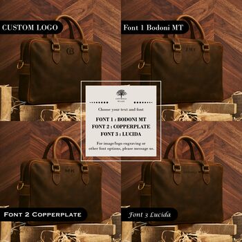 Personalized Leather Messenger Bag: 16 Inch Laptop Briefcase, Brass Hardware, 2 of 11