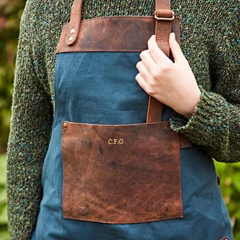 Personalised Blue Canvas And Leather Apron, 3 of 6