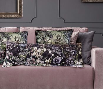 Orchid Garden Floral And Wild Orchids With Bees And Butterflies Long Bolster Velvet Cushion, 3 of 5