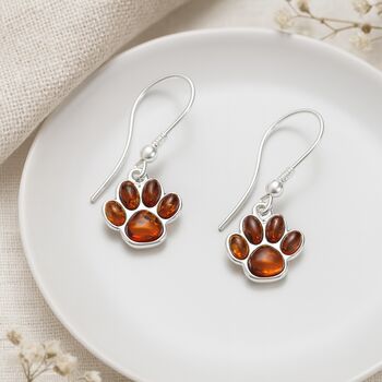 Sterling Silver Baltic Amber Paw Print Drop Earrings: Cat And Dog Lover Gift – 15mm, 5 of 9