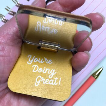 Personalised Yellow Mirror Keyring And Uplifting Note, 3 of 3