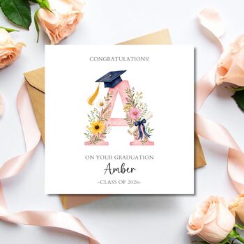 Graduation Pink Initial Card, Graduation Hats Card For Her, Any Initial, 5 of 5