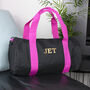 Monogrammed Barrel Gym Bag In Black And Fuchsia, thumbnail 3 of 8