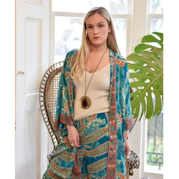 'Lennon' Turquoise And Pink Paisley Palazzo Trousers, 2 of 4