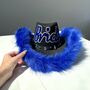 Personalised Black Cowboy Hat With Blue Faux Fur Trim, thumbnail 4 of 4