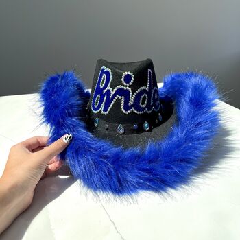 Personalised Black Cowboy Hat With Blue Faux Fur Trim, 4 of 4