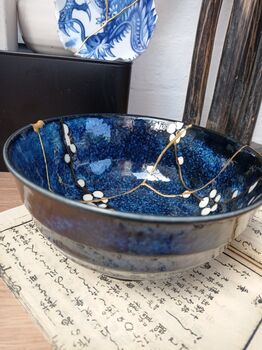 Blue Japanese Kintsugi Bowl With Blossom Detail, 2 of 3