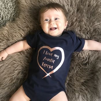 I Love My Auntie Personalised Rose Gold Heart Babygrow, 2 of 3