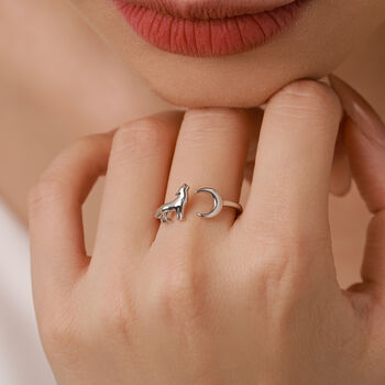 Sterling Silver Howling Wolf And Moon Adjustable Ring, 6 of 12