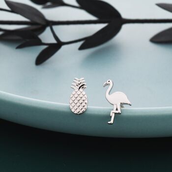 Mismatched Pineapple And Flamingo Stud Earrings In Sterling Silver, 2 of 10