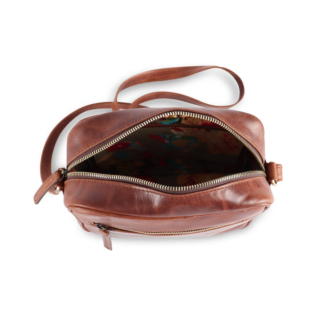 leather camera cross body bag, distressed brown by the leather store