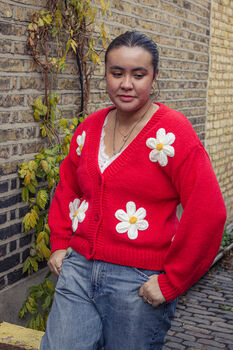 Red Crochet Bobble Applique Relaxed Daisy Cardigan, 3 of 7