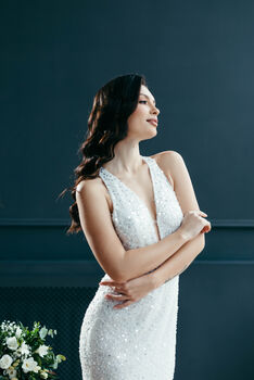 White Sequin Midi Wedding Dress With Deep Plunge And Open Back, 4 of 12