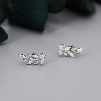 Sterling Silver Sparkly Leaf Cz Stud Earrings, 3 of 12