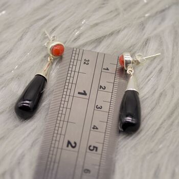 Red Coral, Black Onyx Sterling Silver Dangle Earrings, 4 of 8