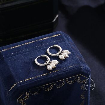 Natural Oval Pearl Trio Cz Huggie Hoops In Sterling Silver, 2 of 12
