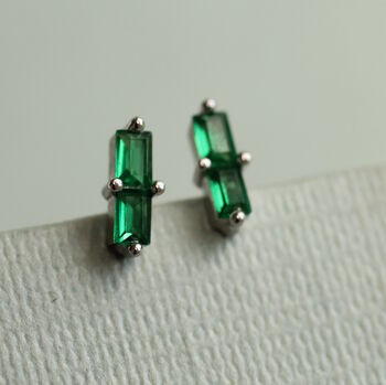 Raw Emerald Green Baguette Rectangle Sterling Silver Stud Earrings, 3 of 5