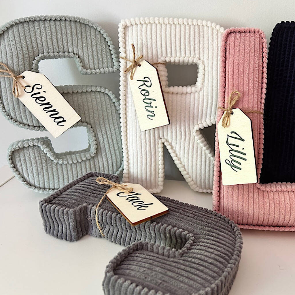 Personalised Wooden Tags Corduroy Fabric Letter, 1 of 7