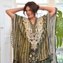 Bohemian Floral Border Viscose Kaftan In Green With Heavy Cream Fishbone Embroidery, thumbnail 1 of 4