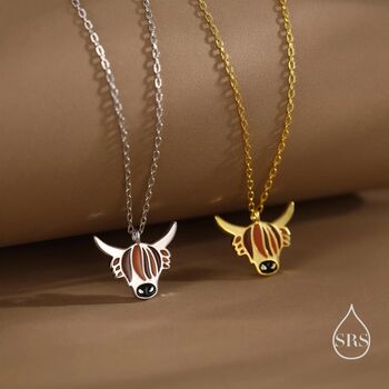 Sterling Silver Enamel Highland Cow Pendant Necklace, 7 of 12