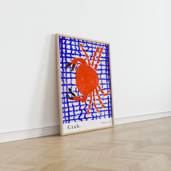 Crab On Blue Tablecloth Seafood Illustration Kitchen Poster, 2 of 12