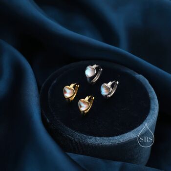 Moonstone Heart Huggie Hoop Earrings Sterling Silver, 3 of 10