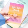 'You Are Loved' Rose Quartz Crystal Heart Bracelet, thumbnail 1 of 3