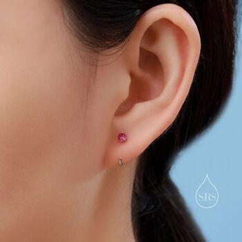 Ruby Pink Cz Crystal Huggie Hoop Earrings, 8 of 11